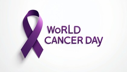 Purple ribbon symbol for World Cancer Day campaign. Clean design with text space for awareness message. Global health solidarity initiative graphic.