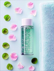 A cosmetic serum bottle surrounded by delicate rose petals and fresh green leaves, next to a soft towel, suggesting a spa or skincare routine.