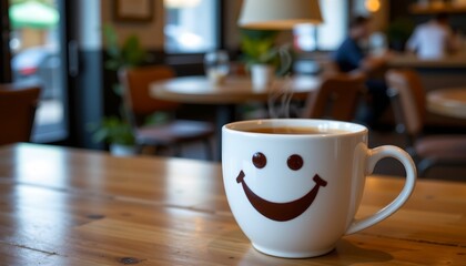 Steaming Coffee Cup with Chocolate Smile Cozy Cafe Table