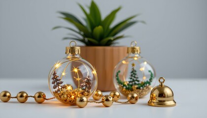 Elegant Holiday Decorations with Glass Baubles and Brass Bell