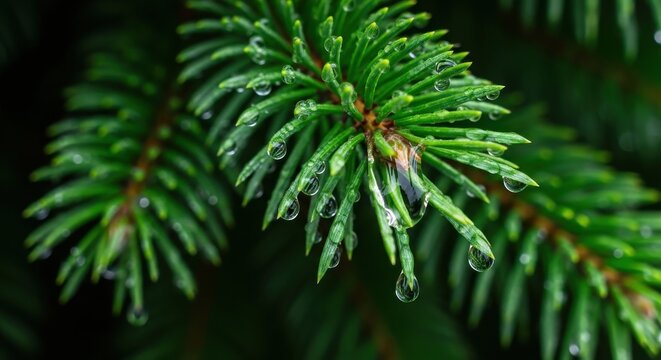 Close-up view of evergreen pine needles with water droplets after a rain shower in a lush forest during early morning