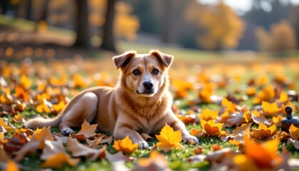 Golden Hour Autumn Dog Fallen Leaves