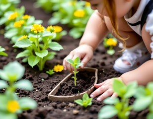 Child Planting Seedling Vibrant Garden Scene