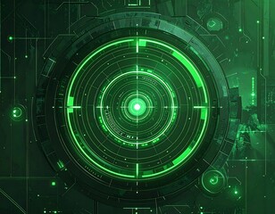Futuristic digital radar, showcasing a green-lit targeting system within a complex, mechanical framework. Intricate details create a sci-fi feel