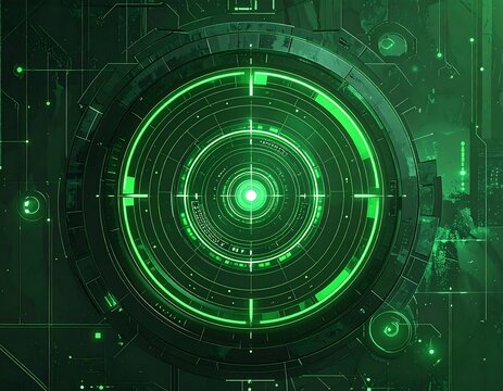 Futuristic digital radar, showcasing a green-lit targeting system within a complex, mechanical framework. Intricate details create a sci-fi feel