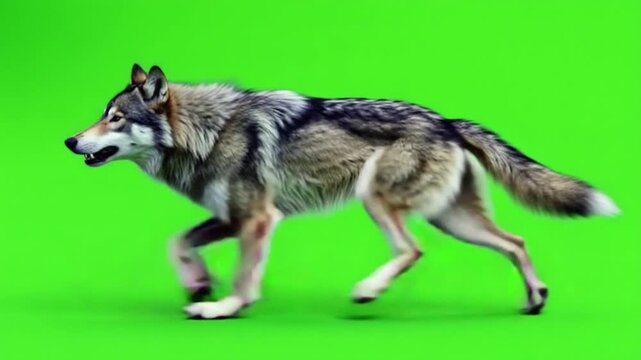 Wolf walking across a green screen in a side view with its mouth slightly open and tail extended green screen wolf video