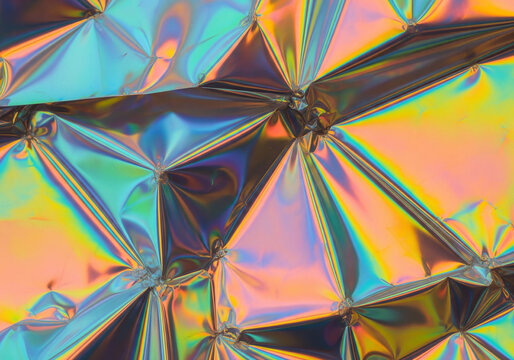 Holographic foil texture background with iridescent crumpled metallic surface