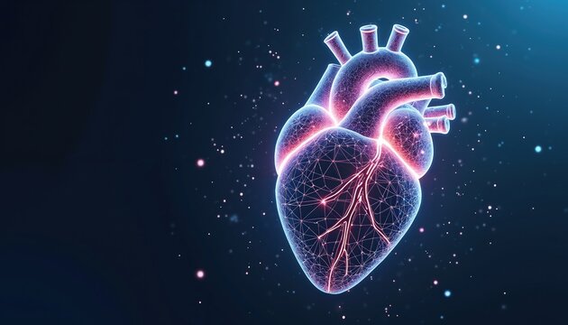 Digital heart connection network, with glowing lines and dots. Human organ pulsing with data points. Futuristic body circulation abstract science graphic, medical technology concept.