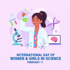 Woman scientist holds flask with green liquid near microscope and D N A female science