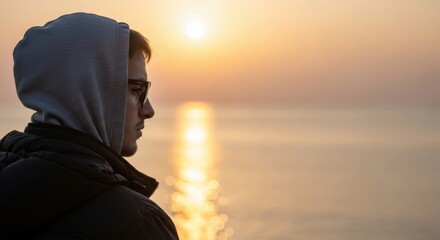 Fototapeta premium Young man at sunrise by the water reflecting on life and nature in peaceful solitude