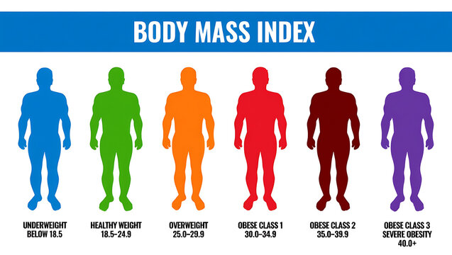An infographic chart explaining the Body Mass Index (BMI) with colorful human silhouettes.