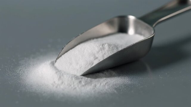 Tiny metallic scoop with titanium dioxide powder, talc, calcium carbonate or magnesium, scientific. Close-up.