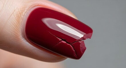 A close up shot shows a broken fingernail with dark red nail polish.