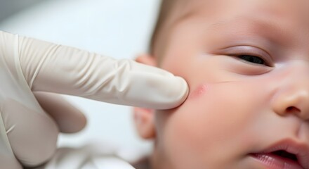 A doctors gloved finger examines a babys cheek for a skin condition.