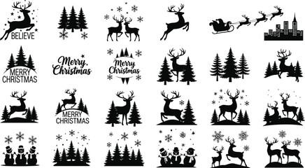 Merry Christmas silhouette vector collection, reindeer, pine tree, Santa sleigh, snowman and typography set, black holiday icons
