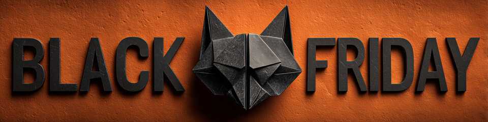 A hyper-realistic black origami bat and the words “BLACK FRIDAY” on an orange background with copy space. Perfect for promotional visuals, sale ads, retail promotions. Generative AI.