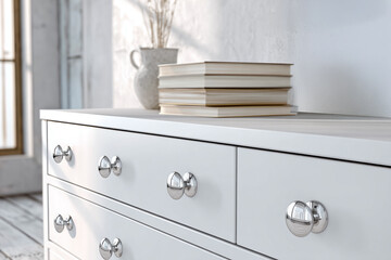 Japandi style room with light wooden dresser and chrome drawer knobs, neutral beige and gray walls, minimal decor, soft daylight, small ceramic vase, focus on knobs, dresser slightly blurred.