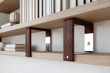Horizontal styled mockup of chrome bookshelf brackets on light wooden shelves with books and small decor, neutral wall, soft diffused daylight, focus on bracket details, clean modern stock aesthetic.
