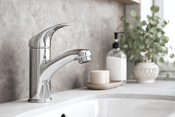 Macro vertical shot of chrome kitchen faucet with water droplets on metal, blurred sink and countertop in background, morning soft light, shallow depth, professional product photography style.