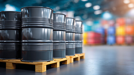 High-quality industrial steel barrels arranged on wooden pallets in a modern warehouse environment, representing storage, logistics, manufacturing, and global supply chain operations.