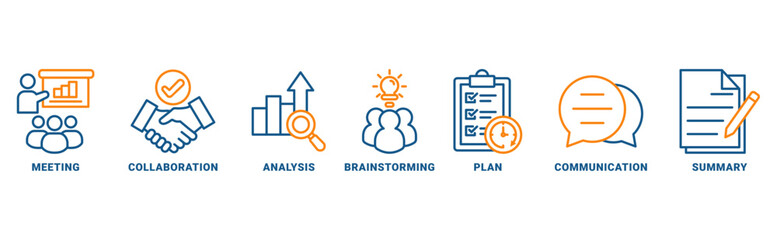 Brief icon set vector concept with icon of meeting, collaboration, analysis, brainstorming, plan, communication, and summary 