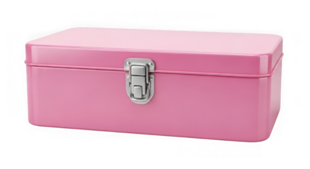 Pink metal storage box with latch isolated on transparent background