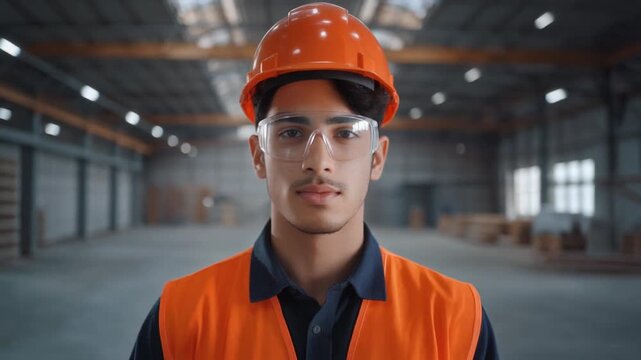 Young male construction worker wearing orange safety helmet and protective glasses, standing in warehouse environment. Professional industrial atmosphere. Close-up.