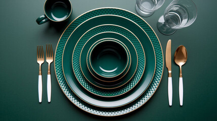 Large, Luxury Emerald Green Ceramic Dinnerware Set with Gold Rims and Textured Surface: Modern Plates, Bowls, and Mugs for Home