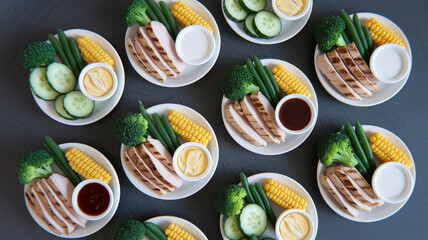 Overhead View of Multiple Healthy Meal Prep Plates with Grilled Chicken, Hard-Boiled Eggs, Corn, Green Beans, Broccoli, and Fresh Cucumber Salad