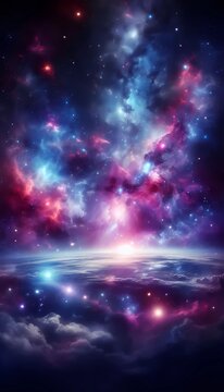 A stunning vertical space view of a cosmic nebula with glowing clouds of gas and dust in purple, magenta, blue, and cyan. Sparkling stars fill the darkness, with a bright center spreading out