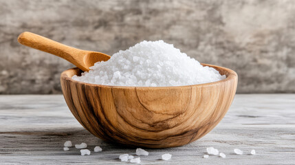 Coarse sea salt flakes in wooden bowl with spoon, natural kitchen still life, calm