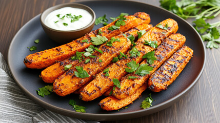 Grilled harissa spiced roasted carrot sticks with yogurt dip and fresh parsley
