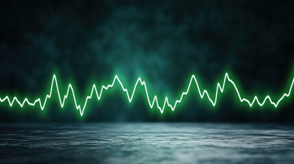 Green waveform heart monitor line glowing over dark reflective floor with calm atmosphere