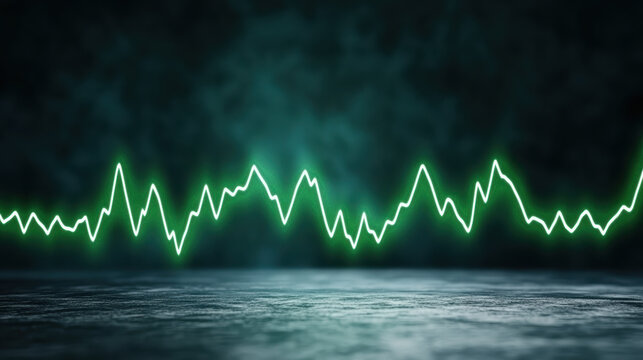 Green waveform heart monitor line glowing over dark reflective floor with calm atmosphere