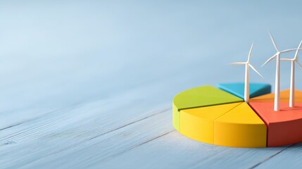 ESG Financial Forecast Insights, Colorful pie chart model with wind turbine replicas, symbolizing renewable energy and environmental sustainability on a wooden surface.