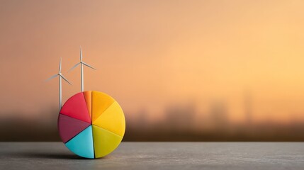 ESG Financial Forecast Insights, Colorful pie chart with wind turbines against a soft, blurred urban skyline at sunset, symbolizing renewable energy and sustainability.