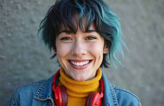 Young person smiles warmly outdoors wearing yellow turtleneck and denim jacket. Bright blue streaks in dark hair. Red headphones around neck. Focus on joyful expression and modern style.