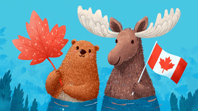 Cartoon bear and moose celebrating Canada Day with flags and leaves - Powered by Adobe