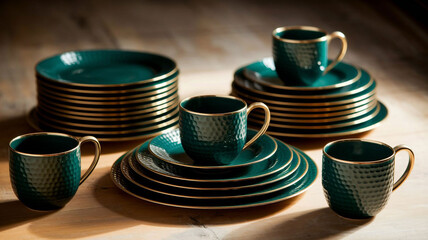 Large, Luxury Emerald Green Ceramic Dinnerware Set with Gold Rims and Textured Surface: Modern Plates, Bowls, and Mugs for Home