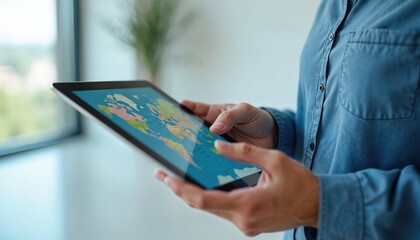 Person using tablet computer with world map on screen. Touching display, planning journey or business trip. Modern navigation, global connection, online travel research tool.