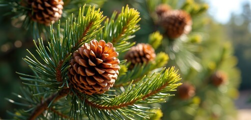 Brown ripe pine cones on green needles branch of Italian stone pine tree. Soft bokeh background with sunny natural light. Closeup view of pine tree flora.