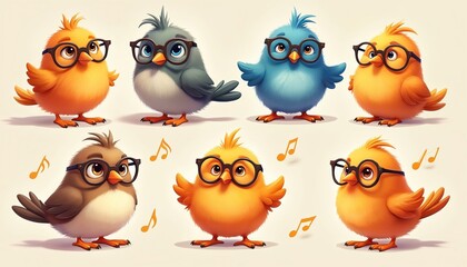 Group of cute cartoon birds wearing glasses. Colorful avian characters pose happily with musical notes floating around. These small, cheerful birds express joy and whimsy in vibrant colors.