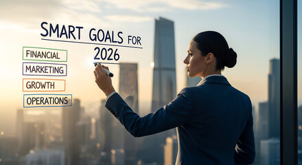 Executive writing 2026 business strategy goals on glass wall at sunris