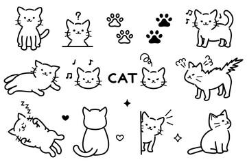 かわいい猫の手描きモノクロイラストのセット