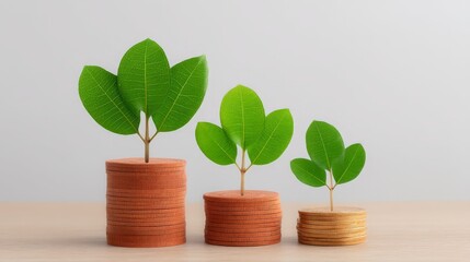 ESG Financial Forecast Insights, Plants growing from stacks of coins symbolize financial growth and sustainability in a modern setting.