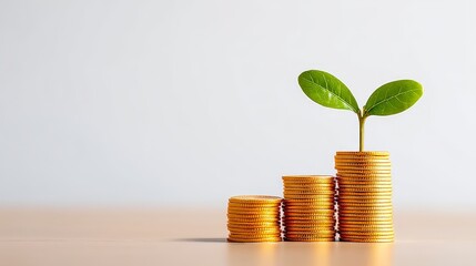 ESG Financial Forecast Insights, A stack of coins with a small green plant growing from the top, symbolizing growth and financial investment.