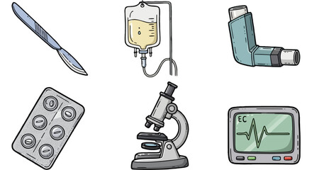 A diverse collection of hand-drawn medical and scientific equipment illustrations for healthcare concepts