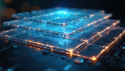 Abstract glowing digital layers stack on circuit board background. Futuristic data flow or network grid concept with blue and orange light effects. Network structure or quantum computing.