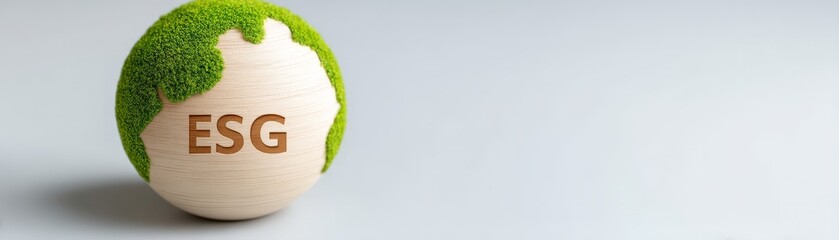 ESG Financial Forecast Insights, A wooden globe with green detailing and "ESG" inscribed, symbolizing environmental, social, and governance principles.