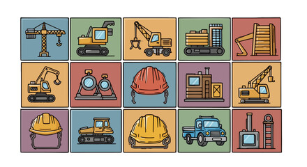 A collection of colorful line art icons representing the concept of industrial construction. Features heavy machinery, building equipment, and safety gear